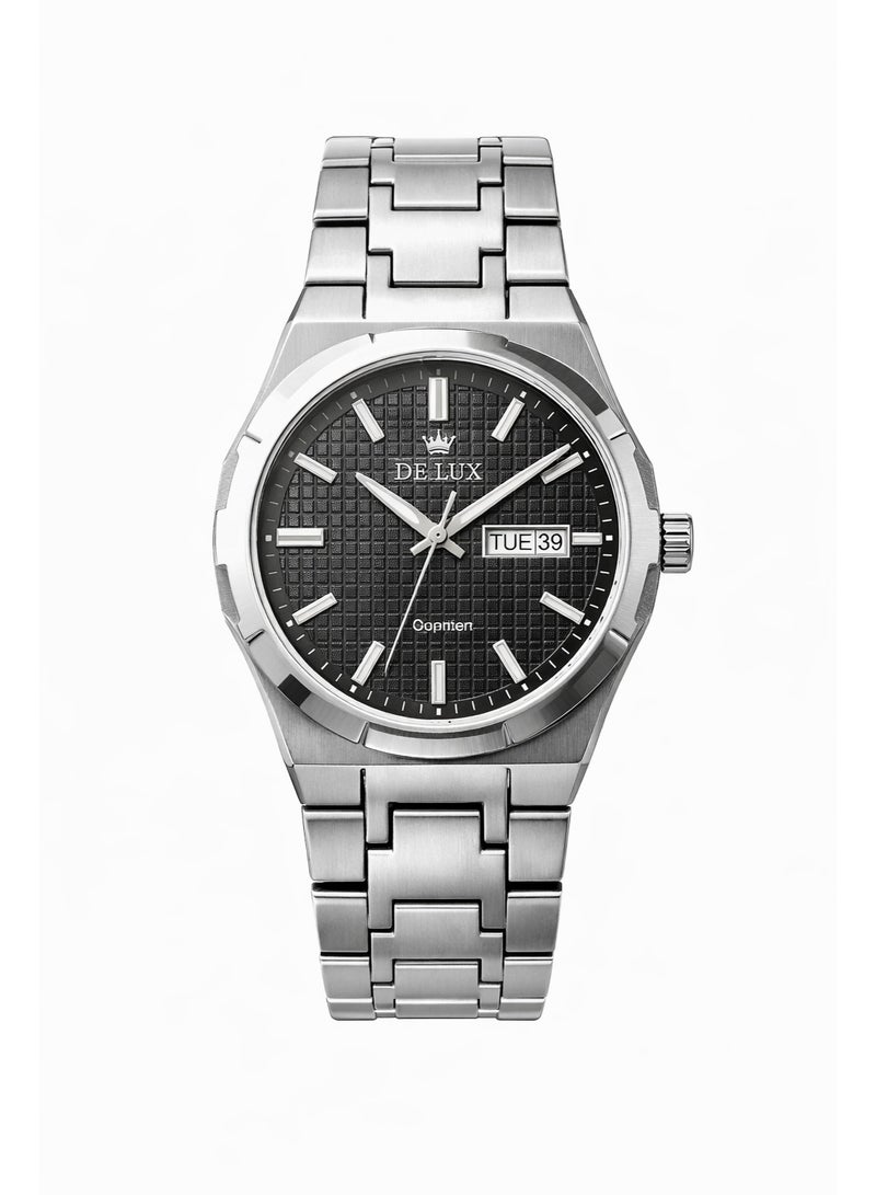 ديلوكس ساعة يد رجالي DELUX أنالوج – سوار ستانلس ستيل فضي مع ميناء أسود بنقشة مميزة وعرض اليوم والتاريخ